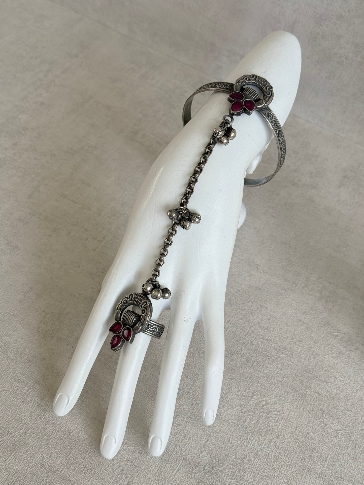 Ayura Designs Ishaana Haathphool Set of 2 – Oxidised Silver Hand Harness with Ruby Pink Stones & Ghungroo Detailing