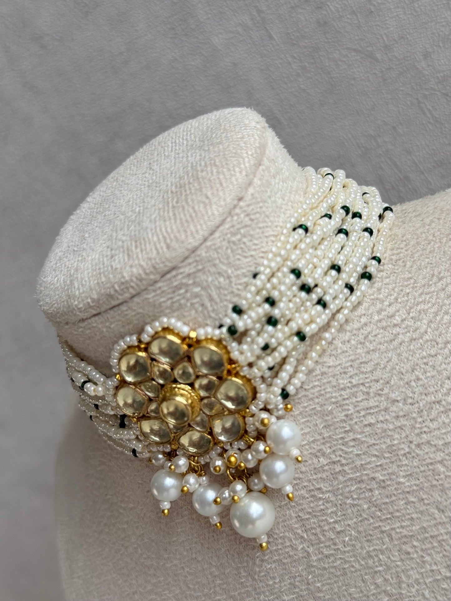 Ayura Designs Saaz Kundan Choker Set with Earrings & Pearl Multi Strand Detailing