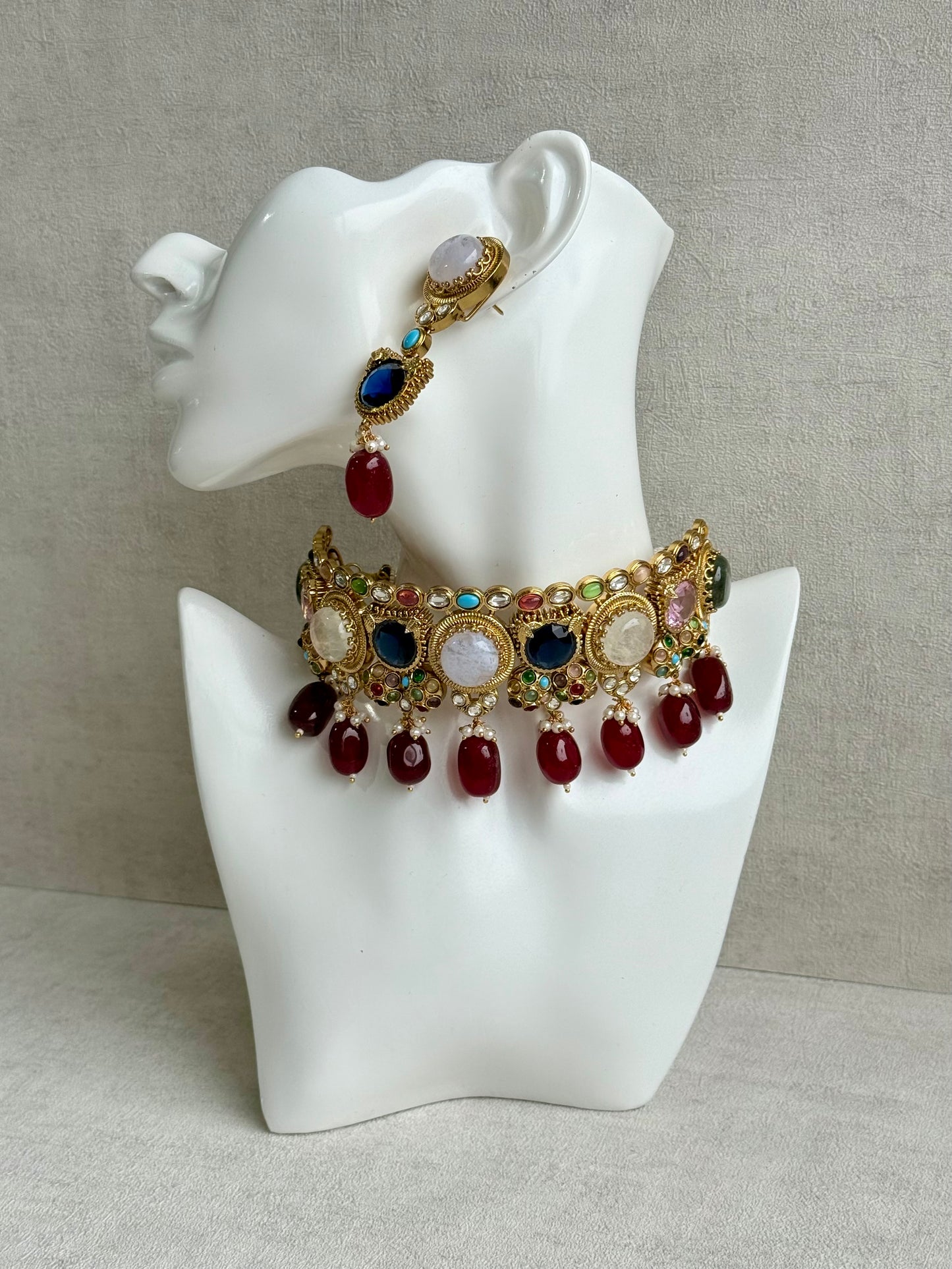 Ayura Designs Dahlia Choker Set with Earrings – Multicolour Stones, Crystal Detailing & Ruby Red Drops