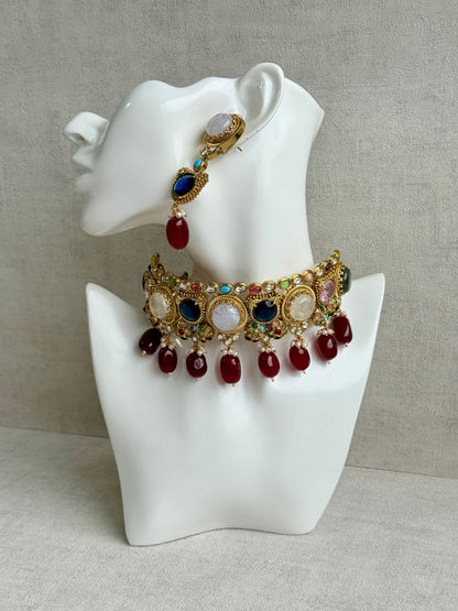 Ayura Designs Dahlia Choker Set with Earrings – Multicolour Stones, Crystal Detailing & Ruby Red Drops