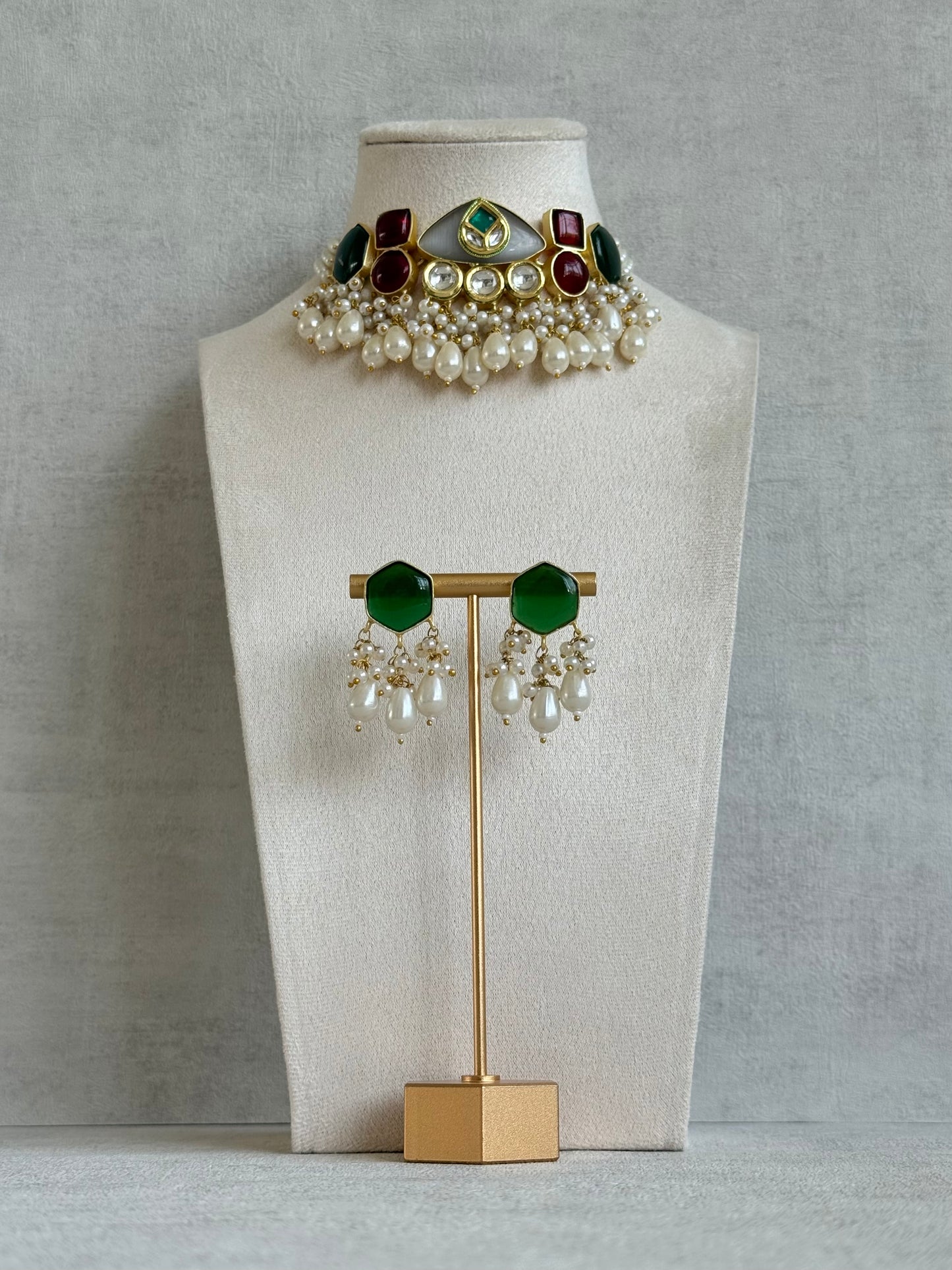 Ayura Designs Vahida Choker Set with Earrings – Multicolour Stone Choker with Pearl Drops & Kundan Detailing