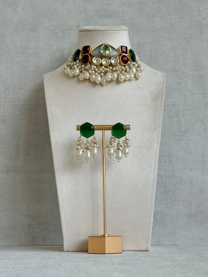 Ayura Designs Vahida Choker Set with Earrings – Multicolour Stone Choker with Pearl Drops & Kundan Detailing