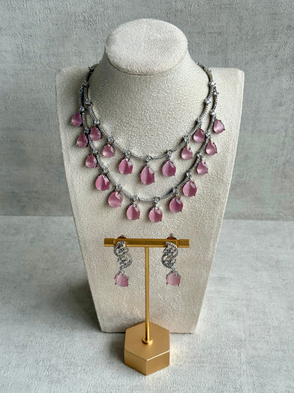Ayura Designs Nida Set with Necklace & Earrings – Blush Pink Stones, Diamond-Cut Accents & Silver Finish