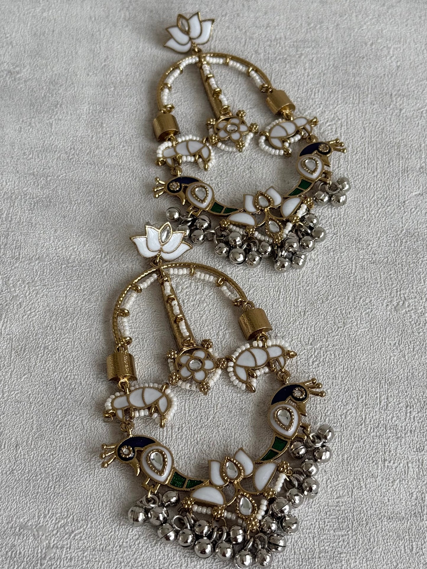 Ayura Designs Zoonpari Earrings – Ivory Pearl, Blue & Green Meenakari Peacock Chandeliers in Dual Tone with Ghungroos