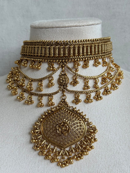Ayura Designs Sahira Choker Set with Earrings & Tikka – Gold Engraved Choker with Floral Pendant & Ghungroo Detailing