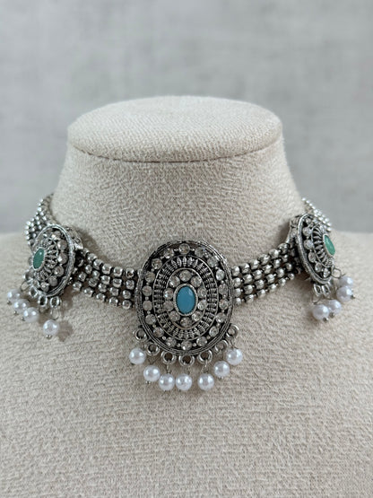 Ayura Designs Gauri Choker Necklace Set with Earrings & Tikka – Mint Green, Turquoise Blue & Crystal Stones with Oxidised Silver Finish