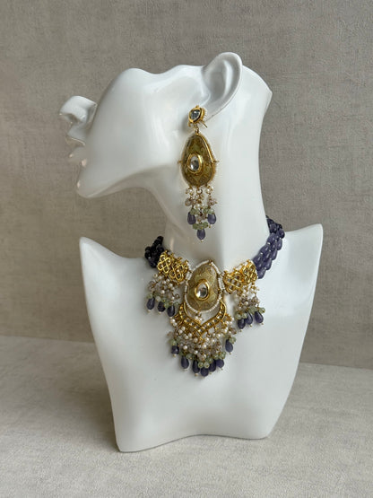 Ayura Designs Zarwali Meenakari Kundan Choker Set with Earrings – Dusty Lavender & Pearl Bead Detailing