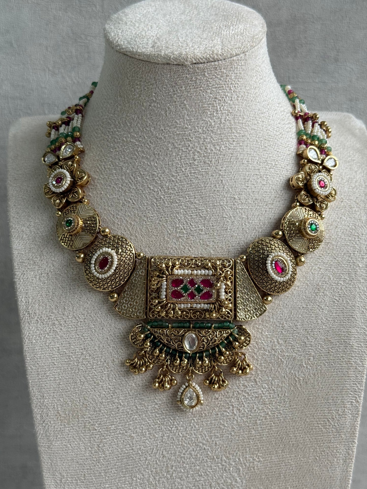 Ayura Designs Purvi Set – Necklace & Earrings with Antique Gold Filigree, Ruby, Emerald & Pearl Detailing