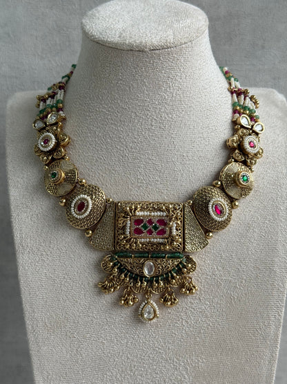 Ayura Designs Purvi Set – Necklace & Earrings with Antique Gold Filigree, Ruby, Emerald & Pearl Detailing