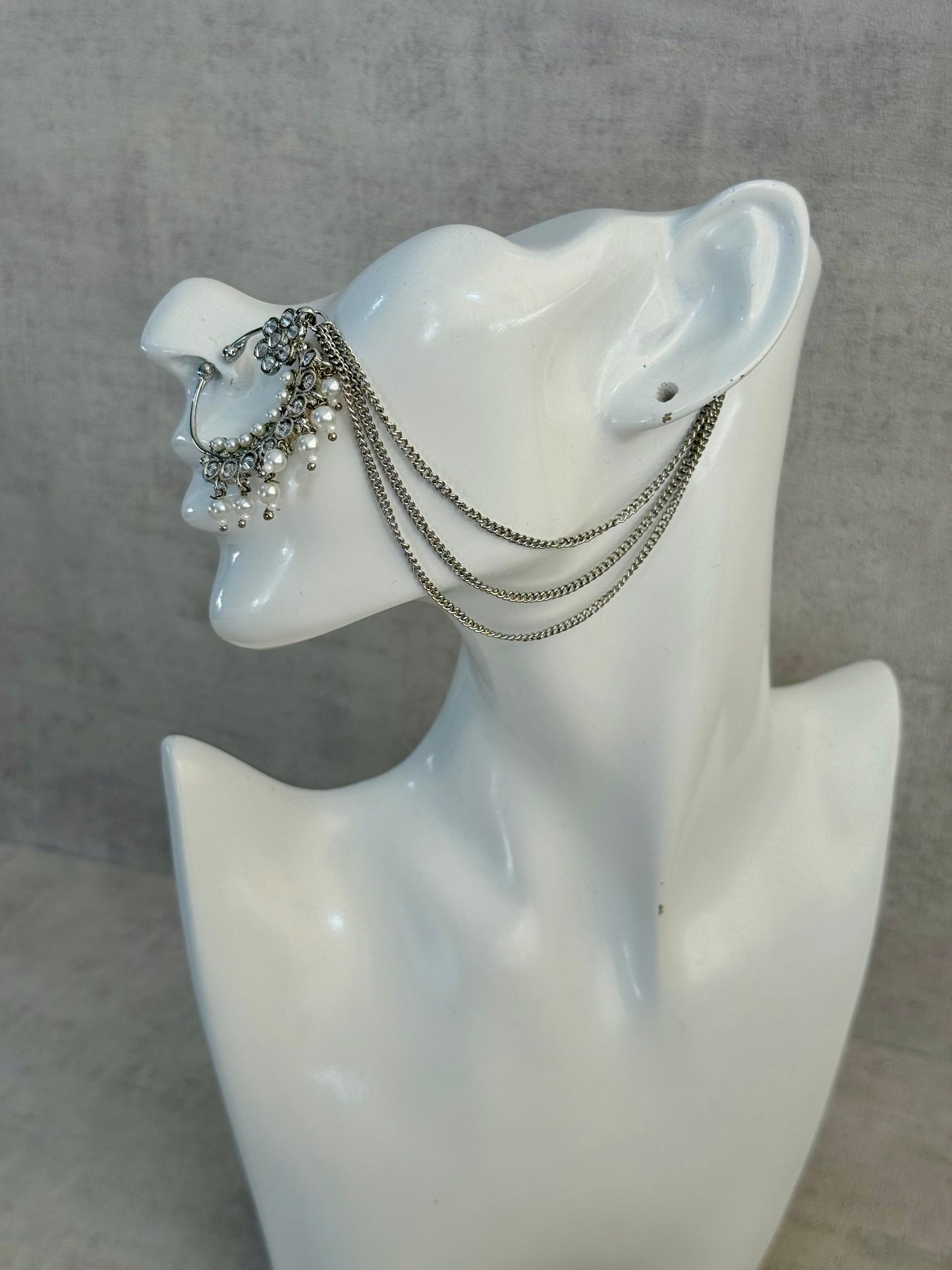 Ayura Designs Kasu Nath – Silver Nath with Pearl Drops, Crystal Detailing & Layered Chain Design