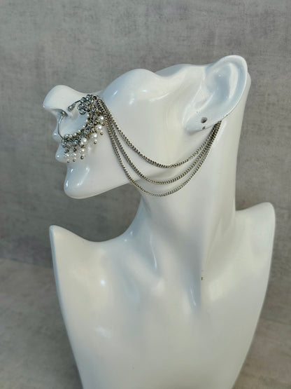 Ayura Designs Kasu Nath – Silver Nath with Pearl Drops, Crystal Detailing & Layered Chain Design