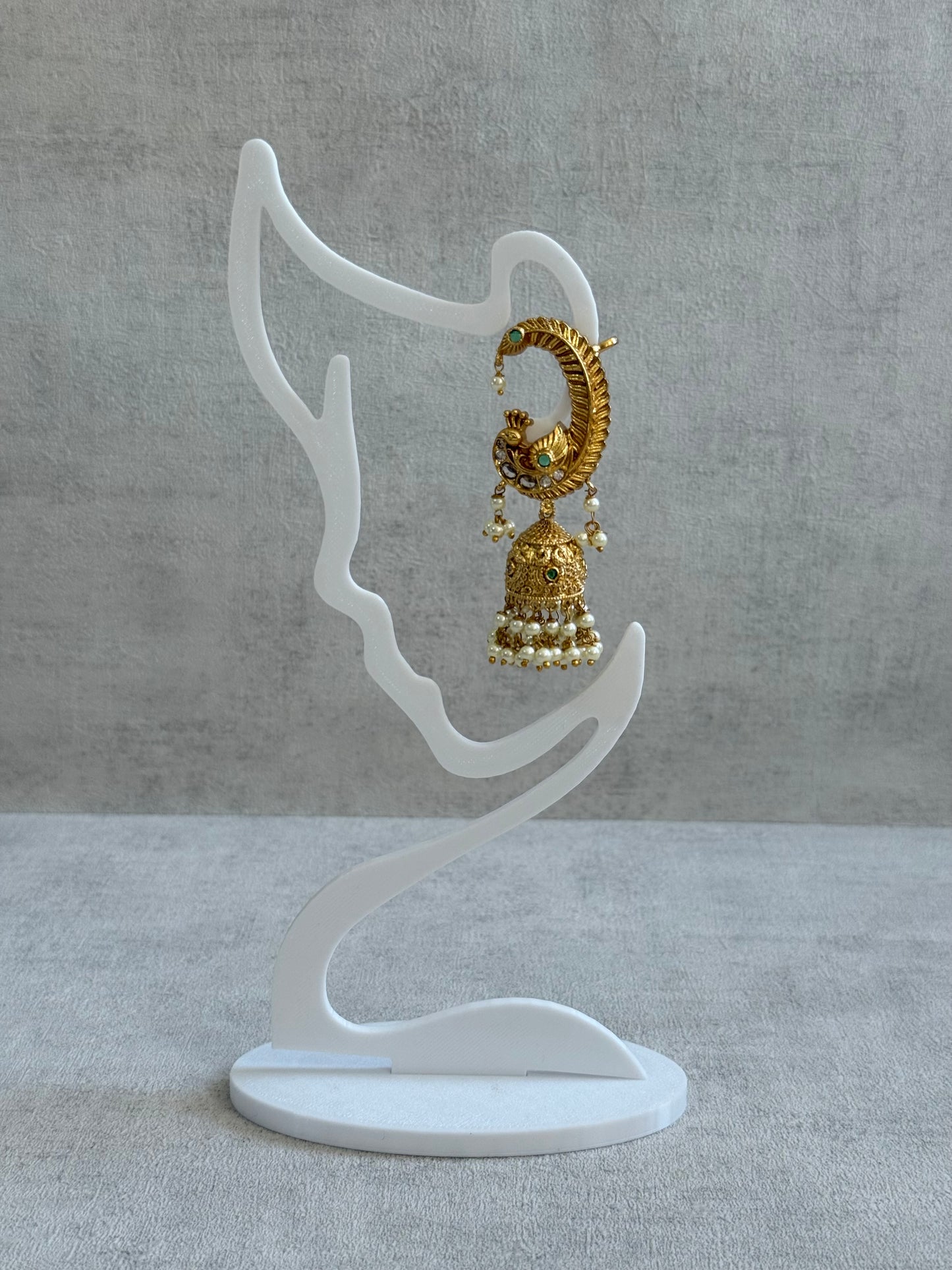 Ayura Designs Mythili Jhumkis – Half Ear Cuffs in Antique Gold with Peacock Design, Emerald Green Stones and Pearl Drops