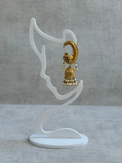 Ayura Designs Mythili Jhumkis – Half Ear Cuffs in Antique Gold with Peacock Design, Emerald Green Stones and Pearl Drops