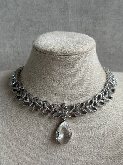 Ayura Designs Anastasia Set – Silver Necklace & Earrings with Teardrop Crystals & Leaf Motif Design