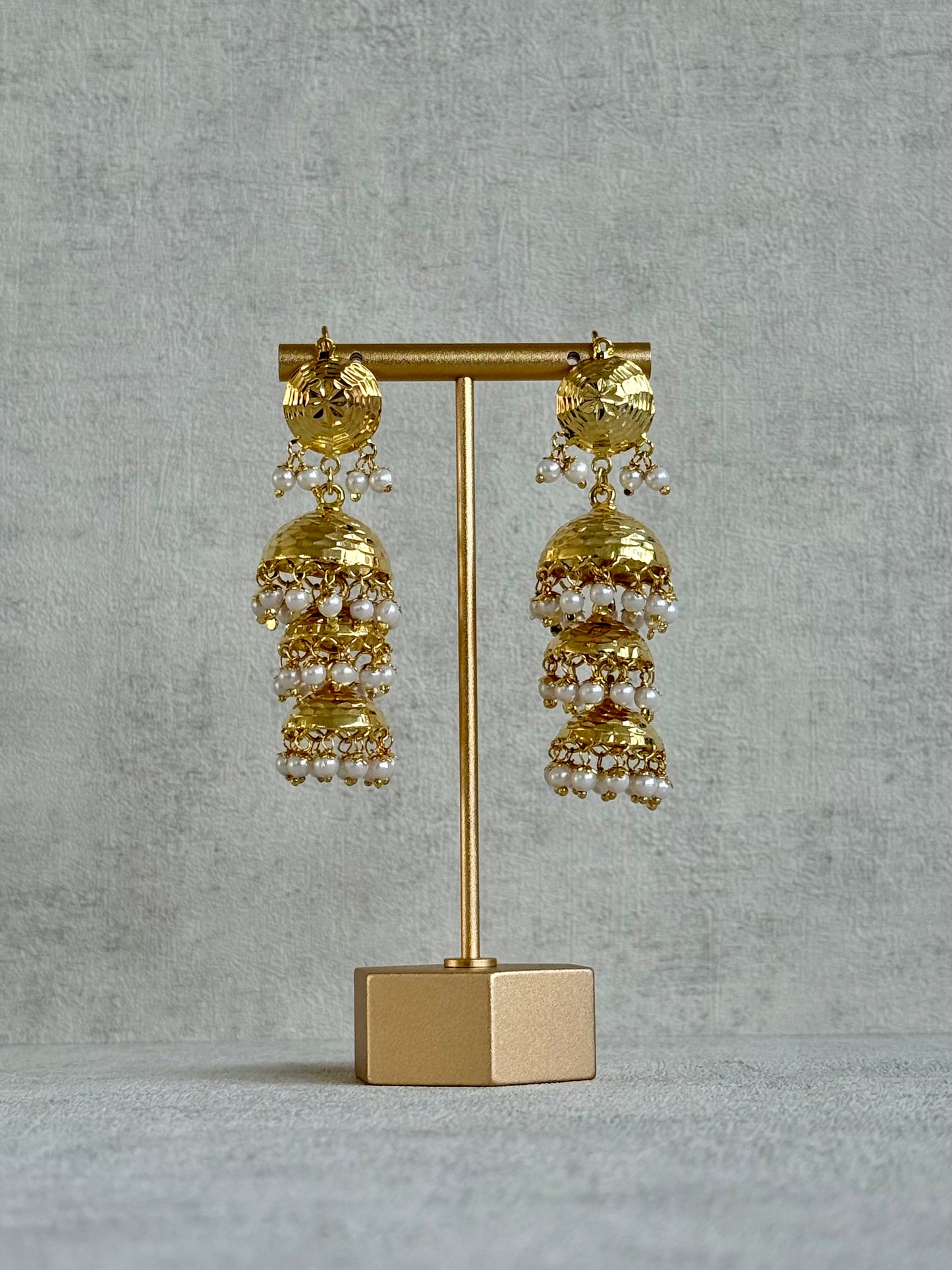 Ayura Designs Noorak Jhumkis – Hammered Gold Layered Jhumkis with Pearl Drop Detailing