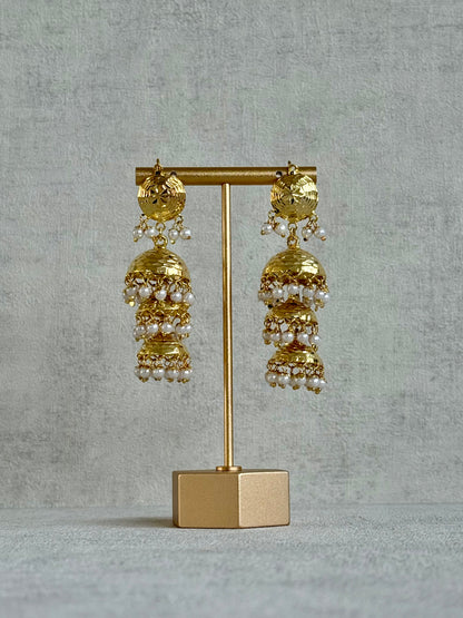 Ayura Designs Noorak Jhumkis – Hammered Gold Layered Jhumkis with Pearl Drop Detailing