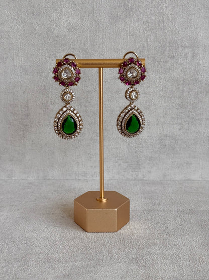 Ayura Designs Ahana Necklace Set with Earrings – Emerald Green Teardrop Stones, Ruby Pink Accents & Moissanite Detailing