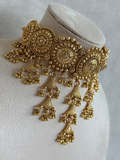 Ayura Designs Farzeena Choker Set with Earrings & Tikka – Traditional Gold Tone Waterfall Jewellery Set with Ghungroo Detailing
