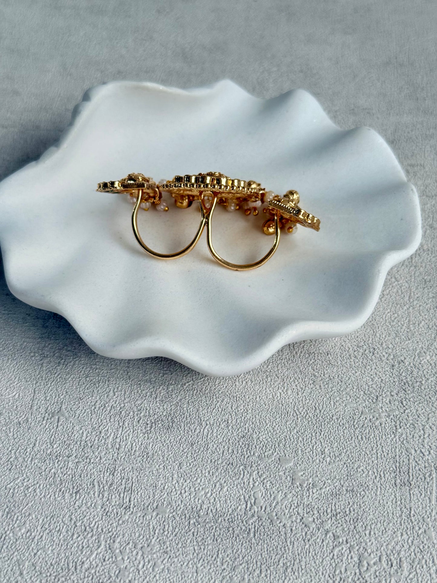 Ayura Designs Nira Adjustable Ring – Jadau-Inspired Gold Elephant Motifs with Rani Pink & Emerald Green Stones, Pearl Drops & Ghungroos