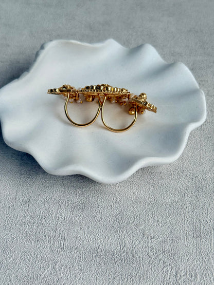 Ayura Designs Nira Adjustable Ring – Jadau-Inspired Gold Elephant Motifs with Rani Pink & Emerald Green Stones, Pearl Drops & Ghungroos