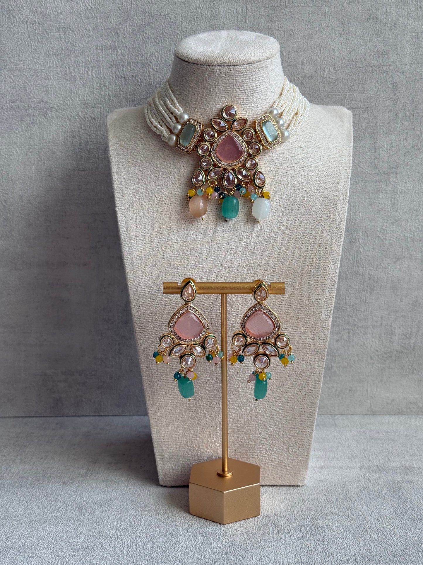 Ayura Designs Paheli Set with Earrings – Multicolour Stones, Kundan Detailing & Pearl Strands