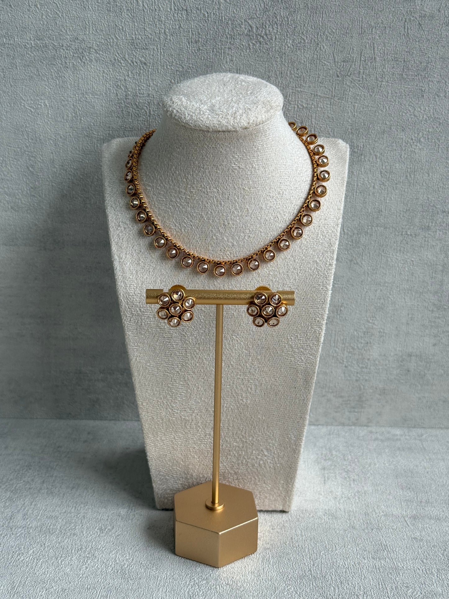 Ayura Designs Veni Set – Gold Necklace & Stud Earrings with Ruby & Champagne Mirror-Cut Polki Stones