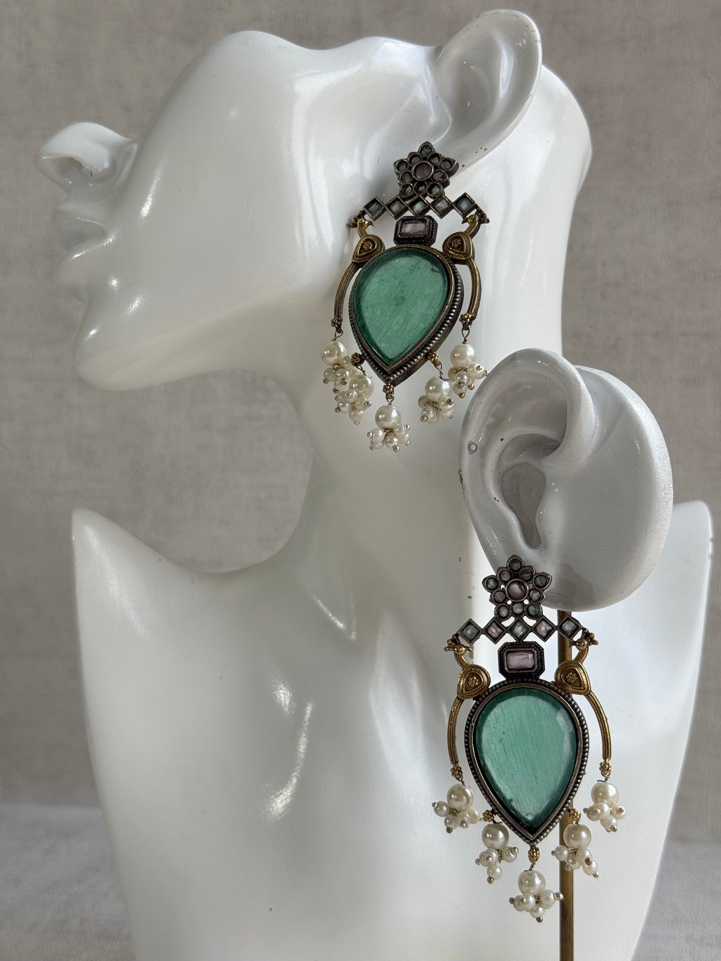 Ayura Designs Kafila Earrings – Dual Tone Oxidised Earrings with Peacock Motifs, Mint Green & Blush Pink Stones