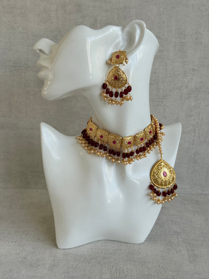 Ayura Designs Chetna Choker Set with Earrings & Tikka – Maroon Beads, Cream Pearl Drops with Pipal Patti Detailing