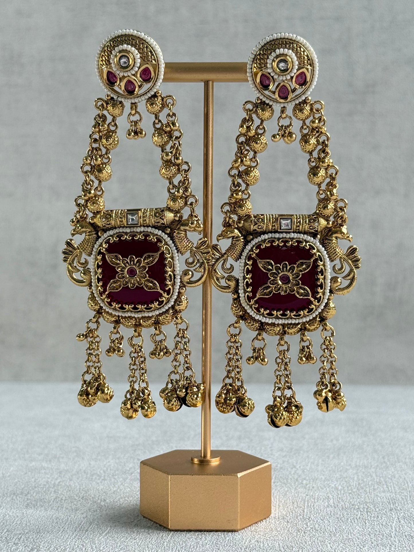 Ayura Designs Hazar Earrings – Gold Peacock Design with Ruby Red Enamel, Pearl Beading & Ghungroo Detailing
