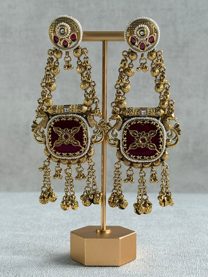 Ayura Designs Hazar Earrings – Gold Peacock Design with Ruby Red Enamel, Pearl Beading & Ghungroo Detailing
