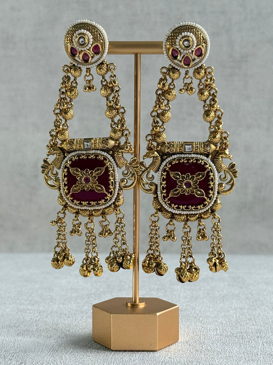 Ayura Designs Hazar Earrings – Gold Peacock Design with Ruby Red Enamel, Pearl Beading & Ghungroo Detailing