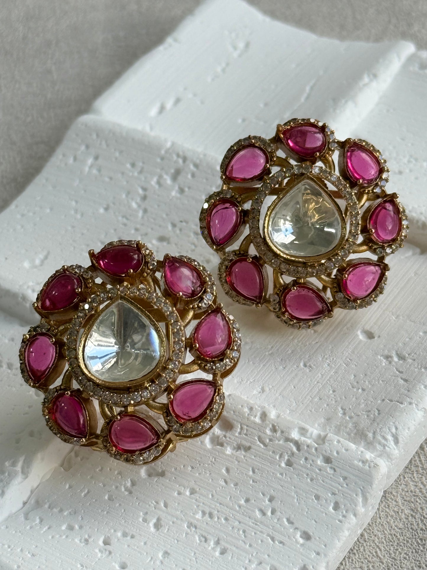 Ayura Designs Giana Stud Earrings – Rani Pink & Crystal Kundan with Gold Finish