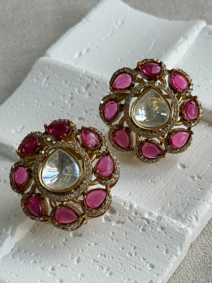 Ayura Designs Giana Stud Earrings – Rani Pink & Crystal Kundan with Gold Finish