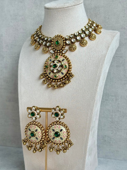 Ayura Designs Zayna Set with Necklace & Earrings – Ivory Meenakari with Emerald Green Stones