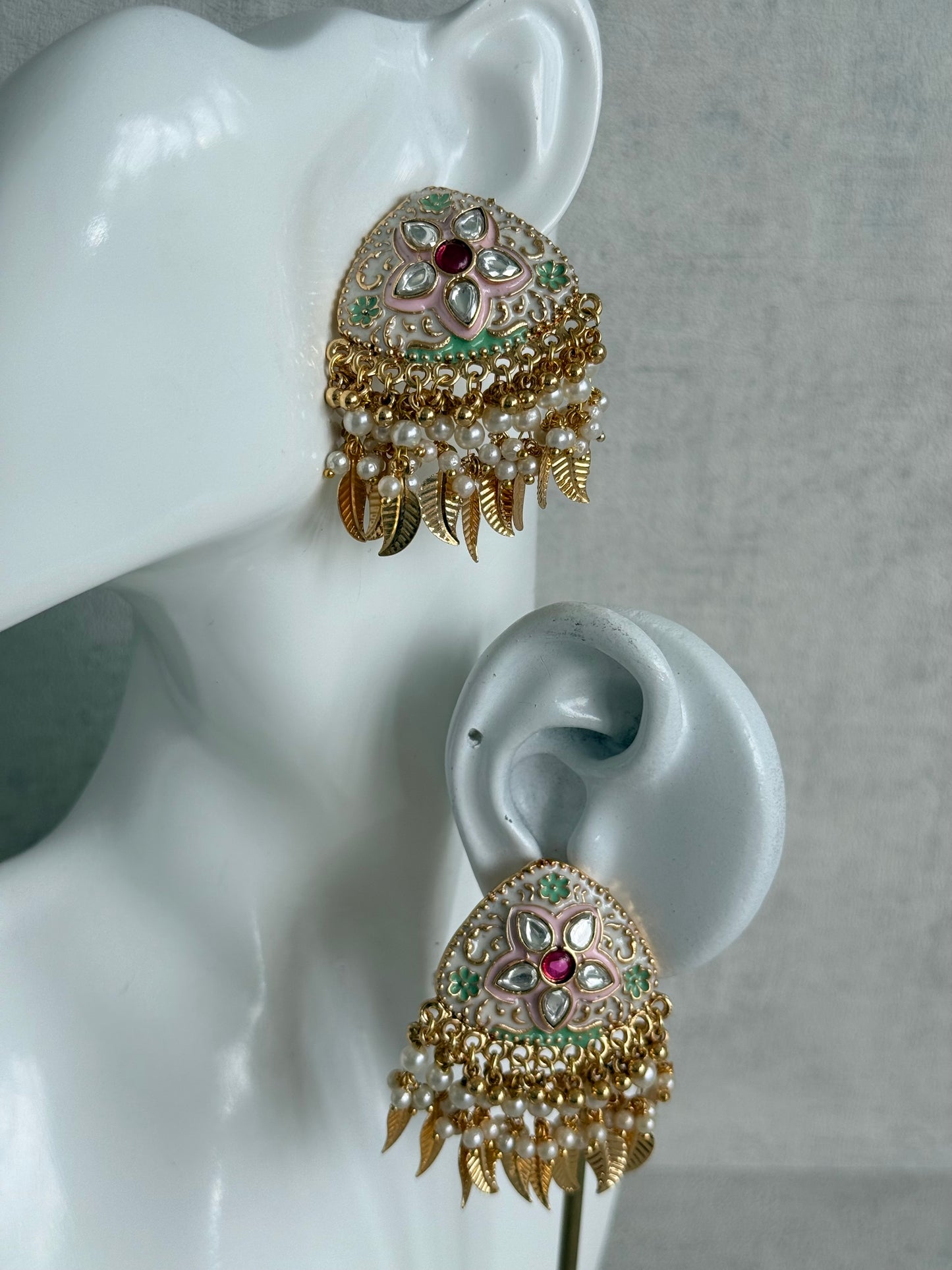Ayura Designs Rozina Earrings – Floral Meenakari Earrings with Ruby Pink Centre Stone, Pearl Clusters & Gold Leaf Charms