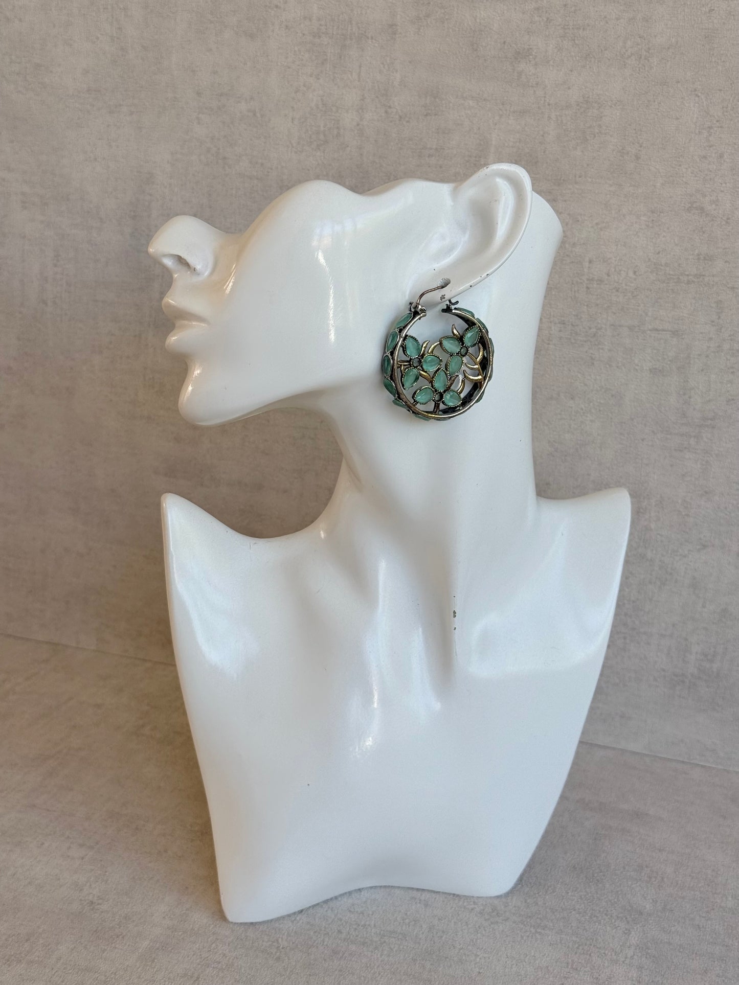 Ayura Designs Nureh Earrings – Dual Tone Floral Hoop Earrings with Mint Green Stones & Cutwork Detailing