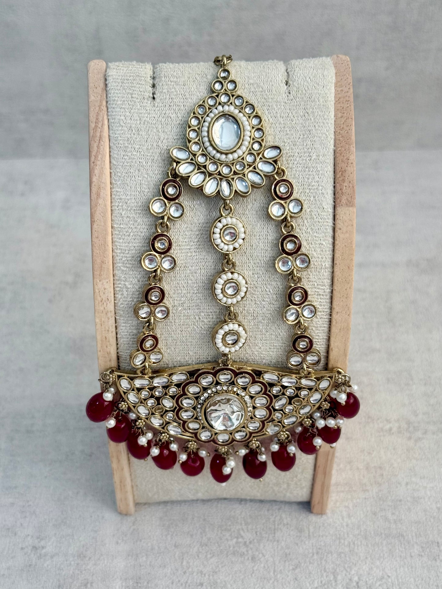 Ayura Designs Uma Jhoomar Passa – Ruby Red Drops with Kundan Stones & Antique Gold Finish