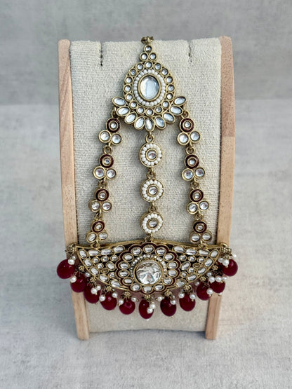 Ayura Designs Uma Jhoomar Passa – Ruby Red Drops with Kundan Stones & Antique Gold Finish