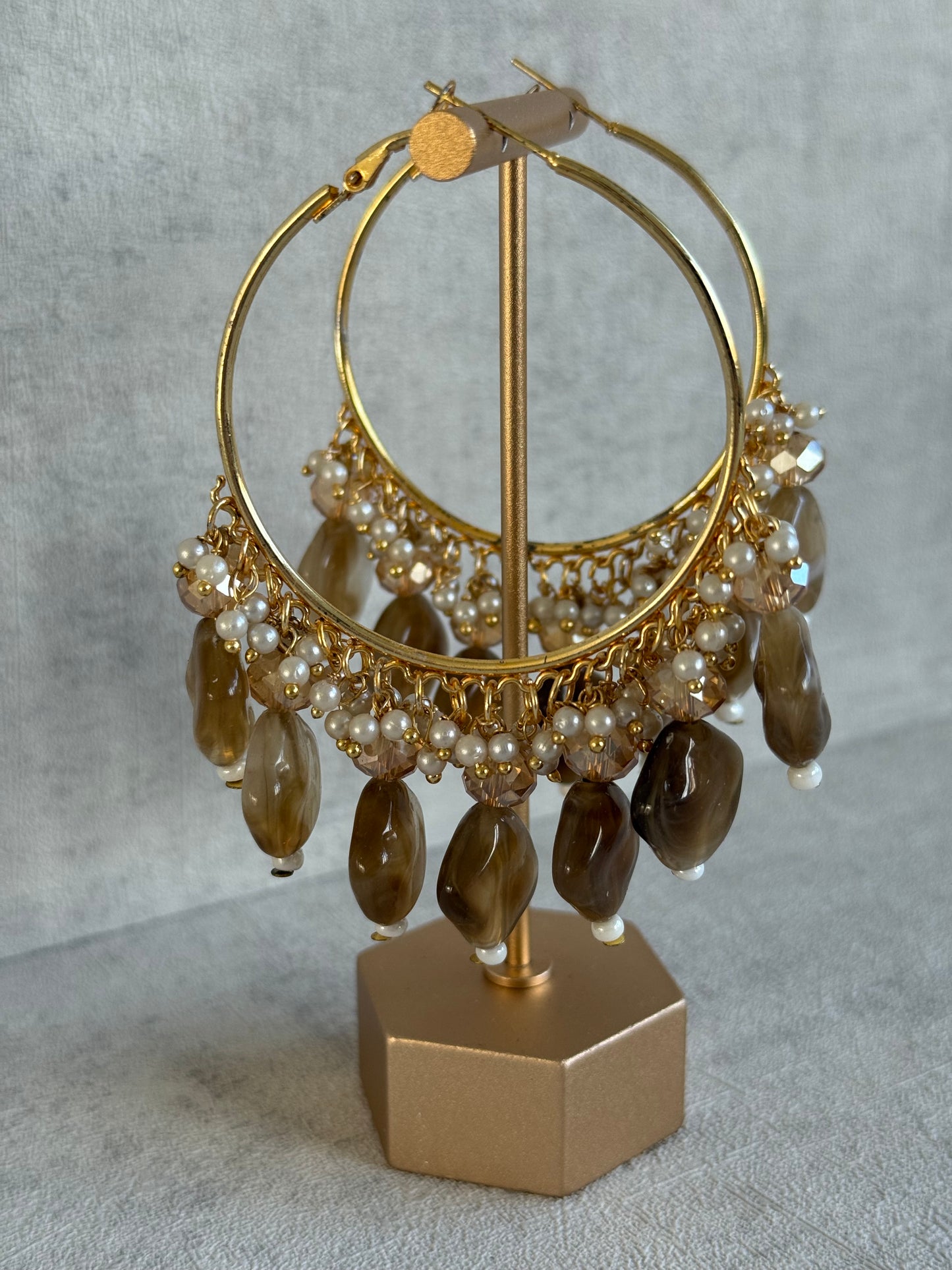 Ayura Designs Heer Balis – Gold Hoops with Mocha Marble Beads, Pearls & Crystal Detailing