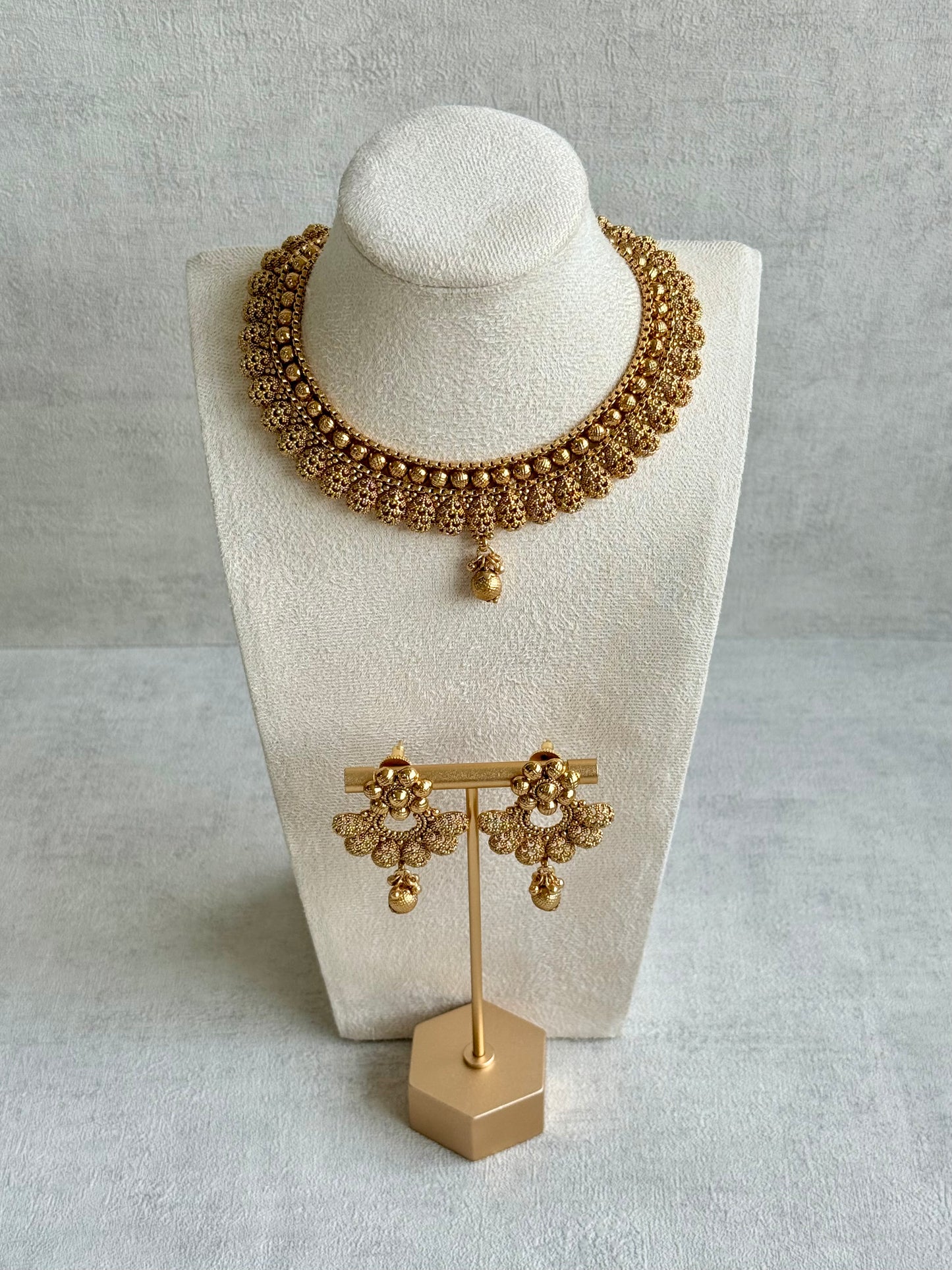 Ayura Designs Chirag Necklace Set with Earrings – Matte Gold Textured Dome Drops