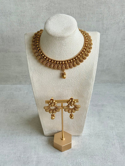 Ayura Designs Chirag Necklace Set with Earrings – Matte Gold Textured Dome Drops