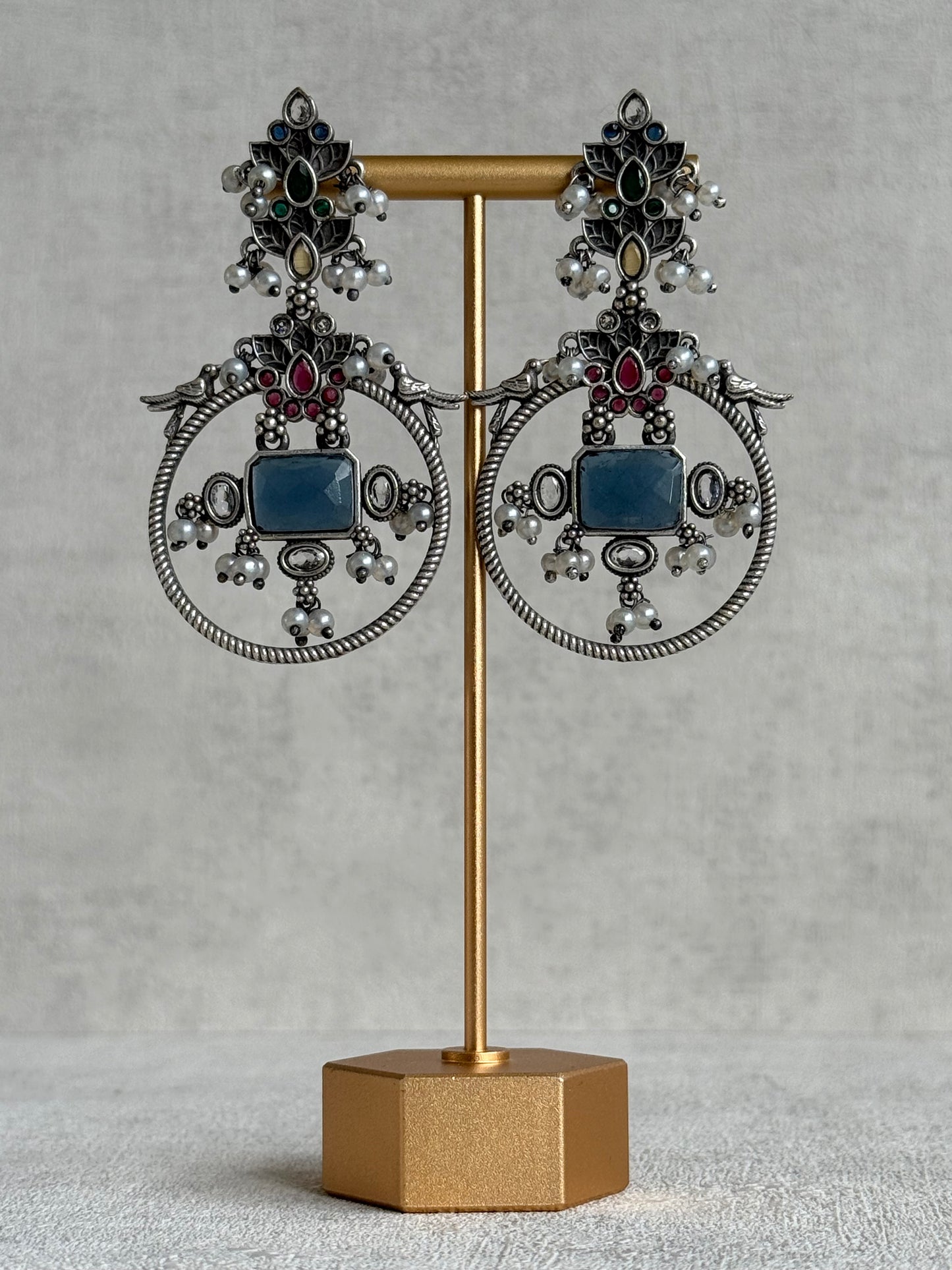 Ayura Designs Katha Earrings – Oxidised Statement Earrings with Multicolour Stonework & Pearl Detailing