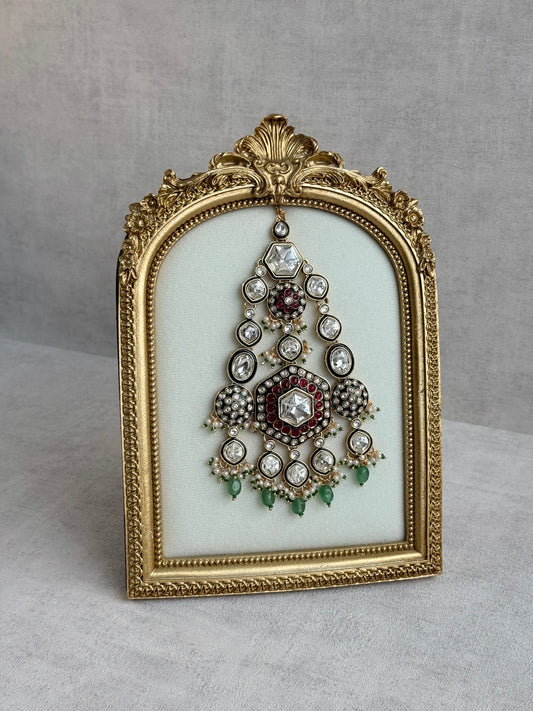 Ayura Designs Visha Jhoomar Passa – Polki Kundan with Ruby Pink Stones, Jade Green Drops & Pearl Detailing