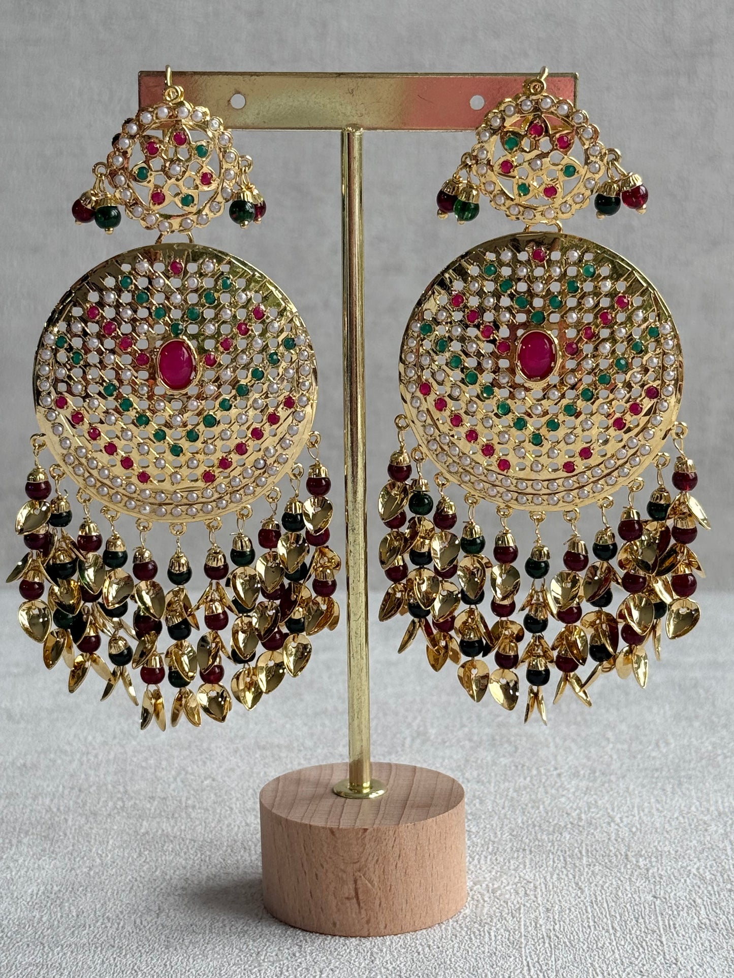 Ayura Designs Seerat Earrings – Rani Pink & Multicolour Gold Pippal Patti Design with Pearls