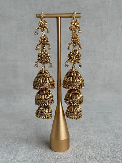 Ayura Designs Preet Sahare Jhumkis – Antique Gold Finish with Triple Dome Design