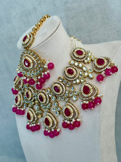 Ayura Designs Janvi Set with Necklace, Earrings & Tikka – Kundan Detailing, Hot Pink Beads & Ivory Pearl Drops
