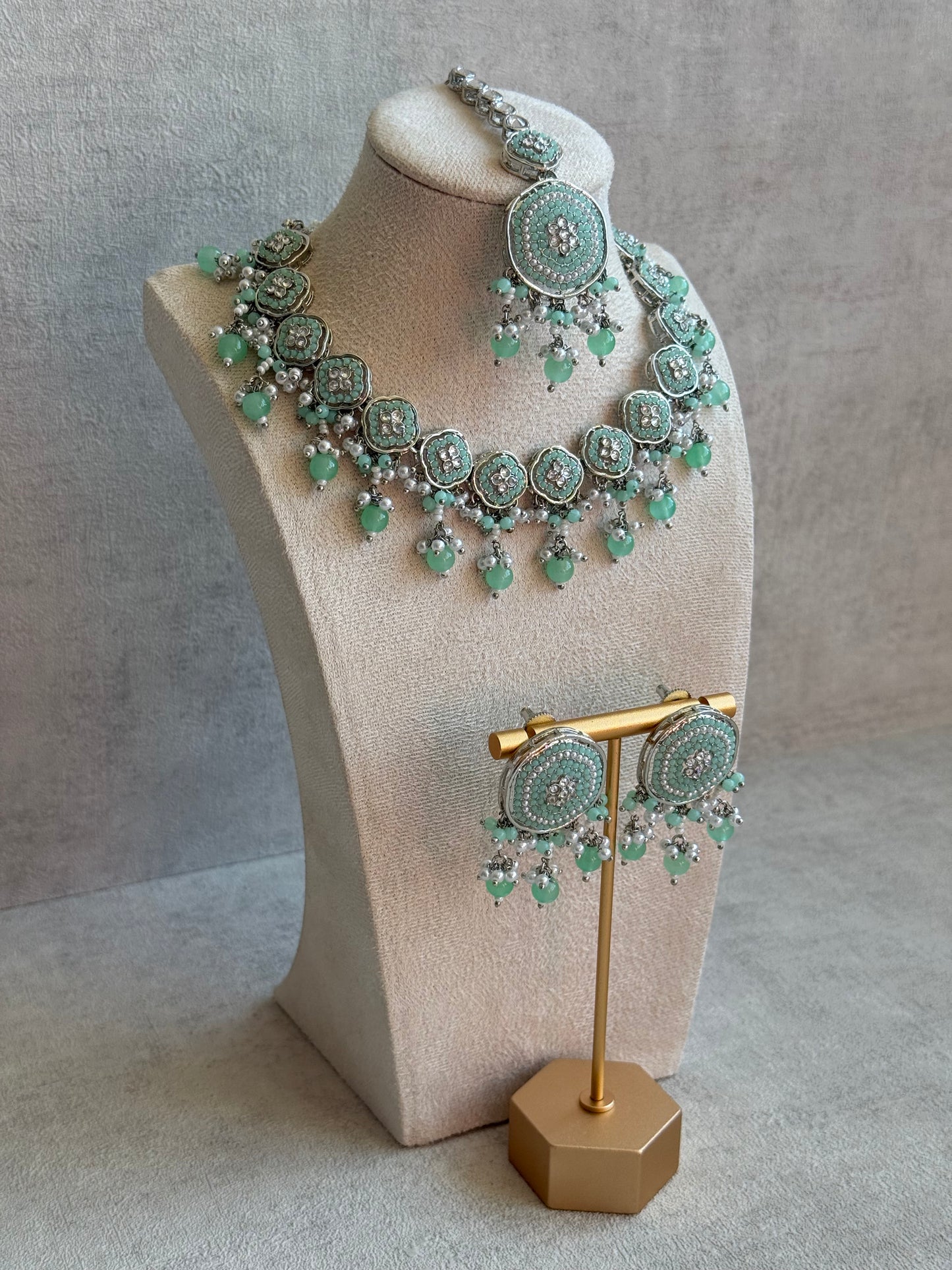 Ayura Designs Nomal Set with Earrings & Tikka – Mint Green Beads, Pearl Detailing & Silver Finish