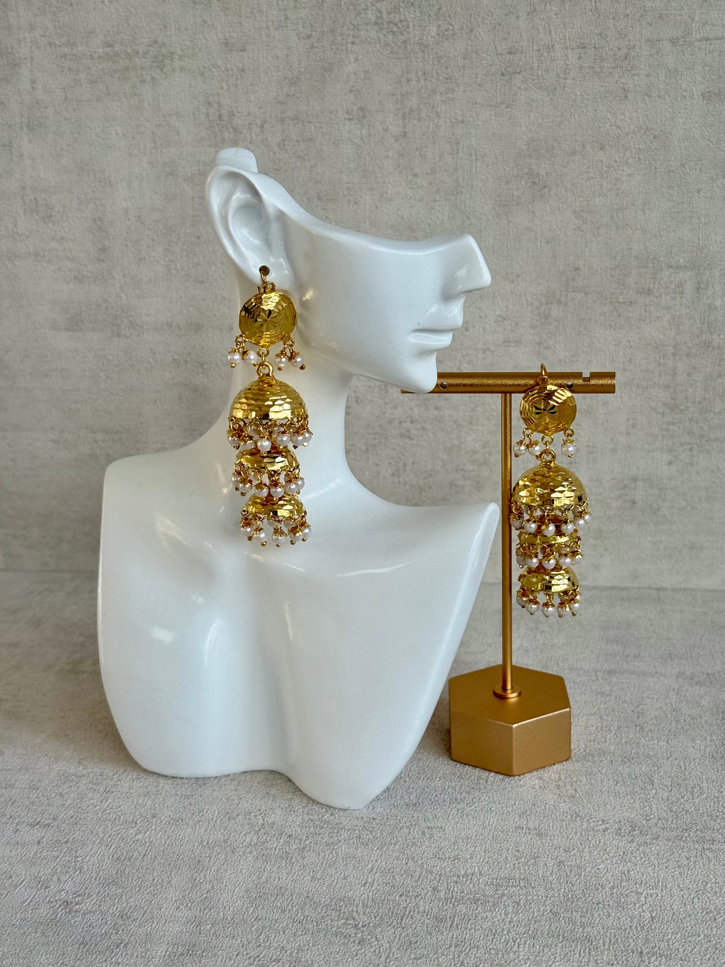 Ayura Designs Noorak Jhumkis – Hammered Gold Layered Jhumkis with Pearl Drop Detailing