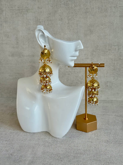 Ayura Designs Noorak Jhumkis – Hammered Gold Layered Jhumkis with Pearl Drop Detailing