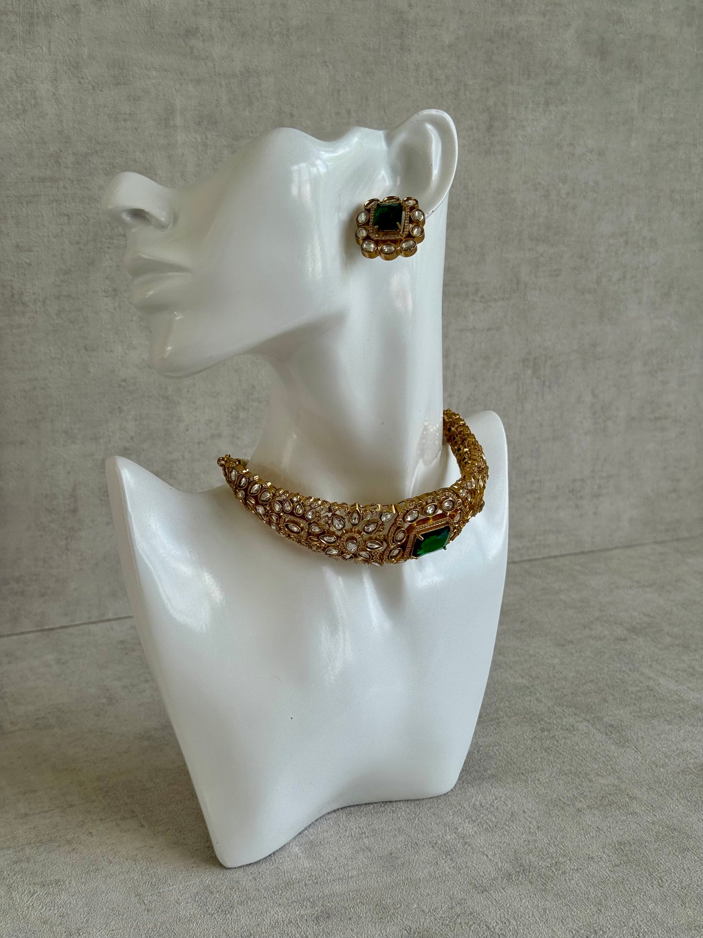 Ayura Designs Akasha Choker Set with Stud Earrings – Emerald Green Moissanite Stones & Antique Gold Finish